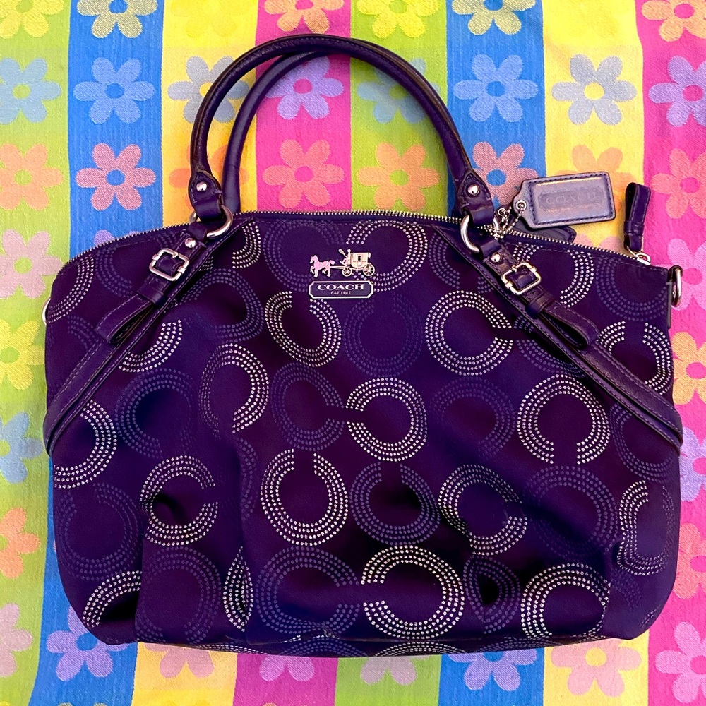 Coach fabric vintage handbag . Purple and silver design.